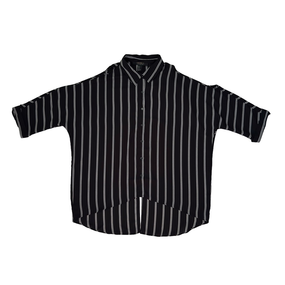 Button Blouse Forever 21 Black White Stripes 3/4 Sleeve Loose